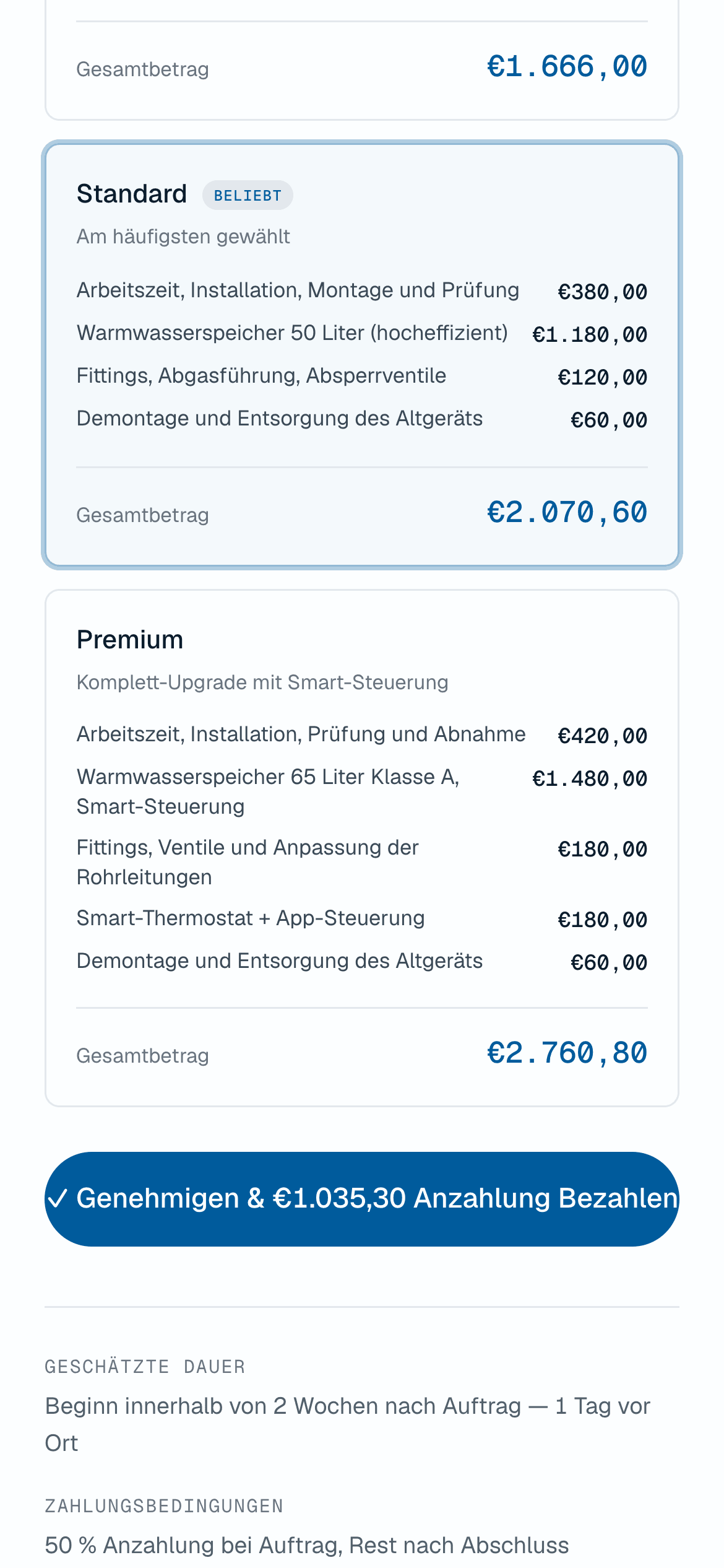 Das Angebot in drei Varianten, Freigabe und Anzahlung per Tap