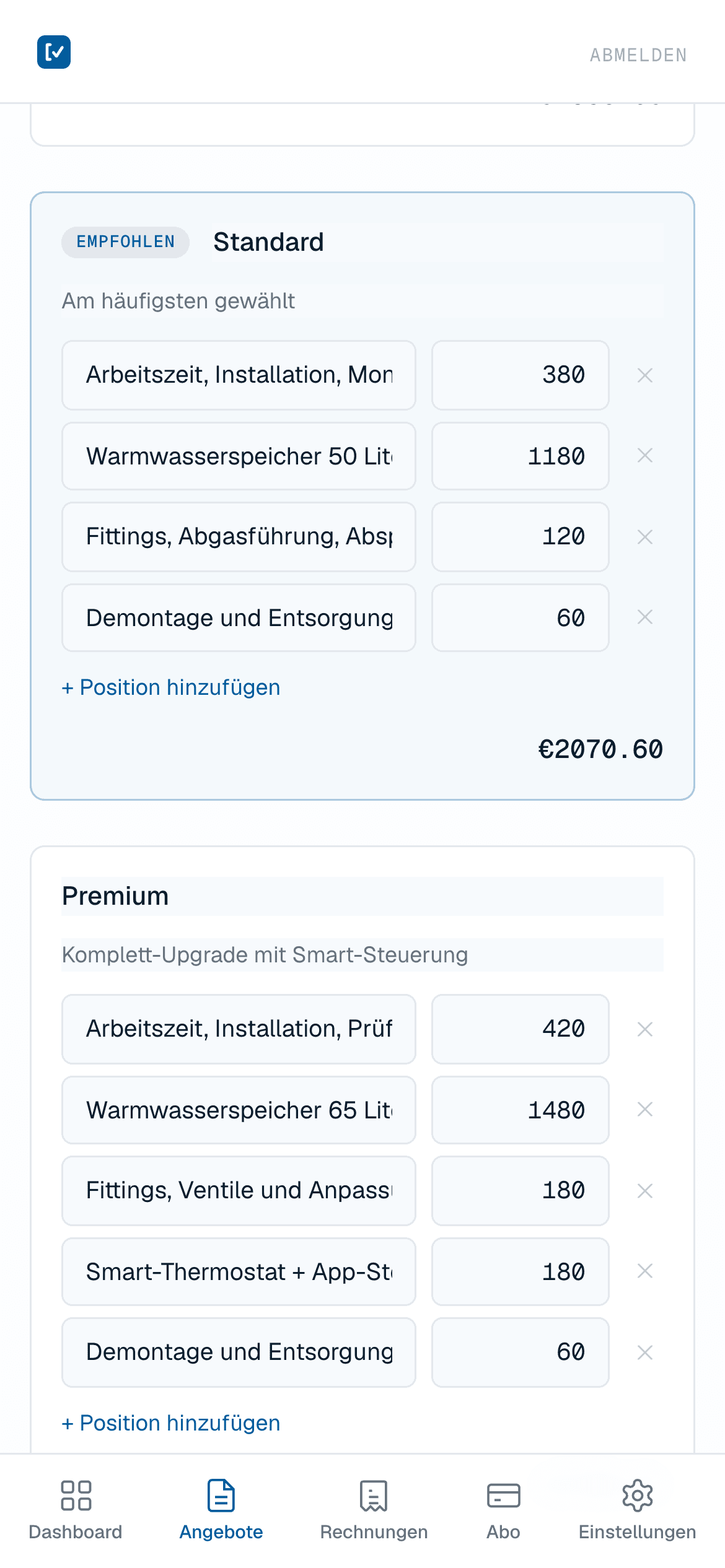 Der Angebots-Editor: drei Varianten mit Positionen und Summen, in Sekunden erstellt