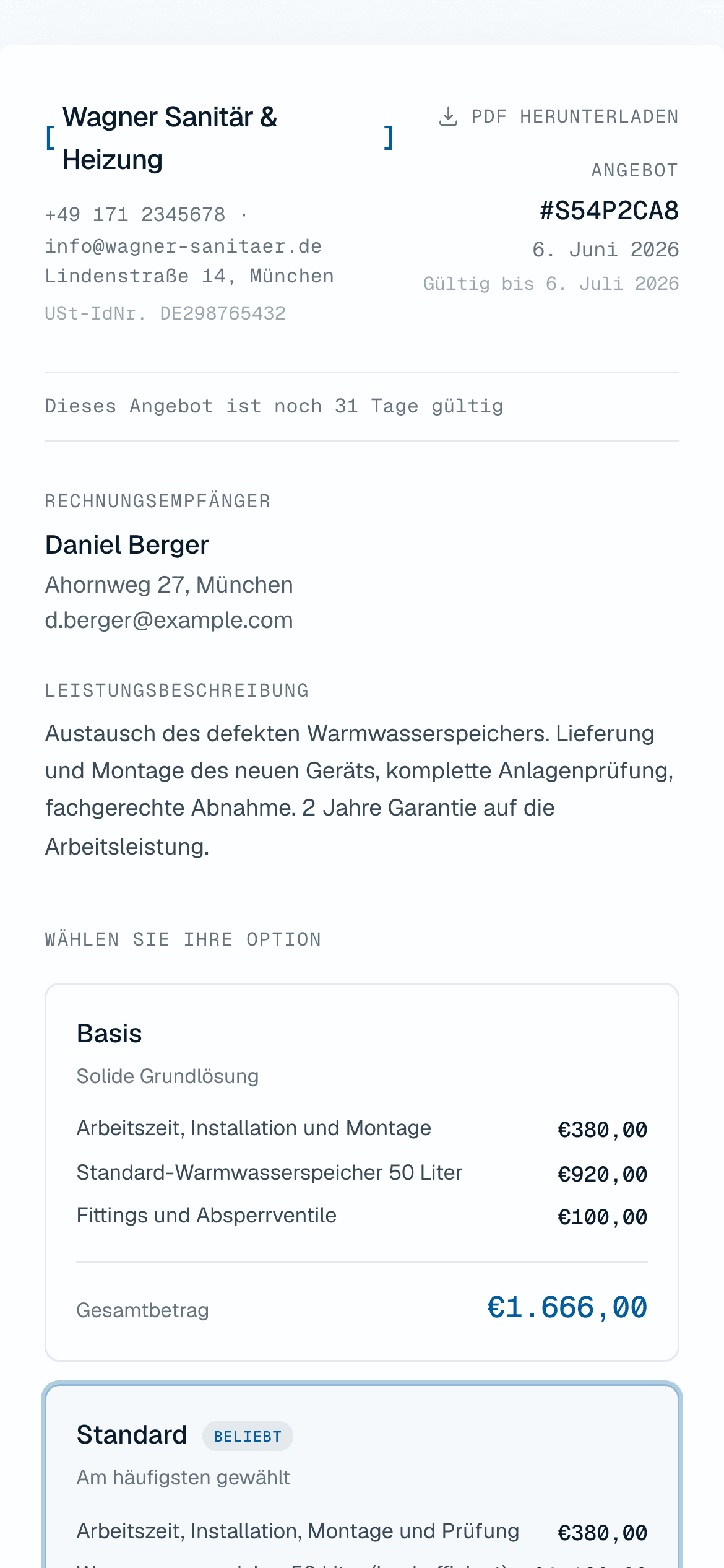 Die Angebotsseite mit deinem Logo: Kontaktdaten, Leistungsbeschreibung, Varianten