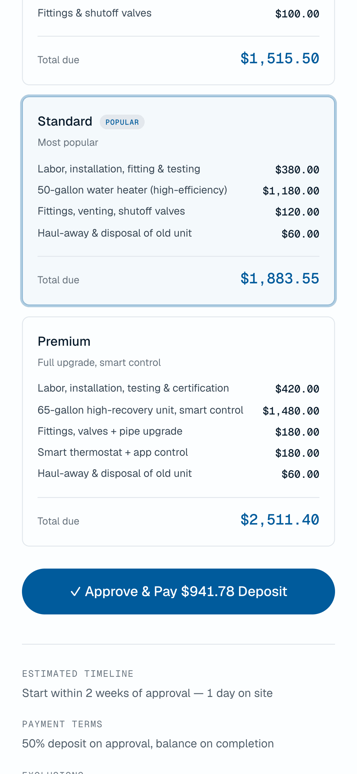 The three-tier quote with one-tap approve and deposit