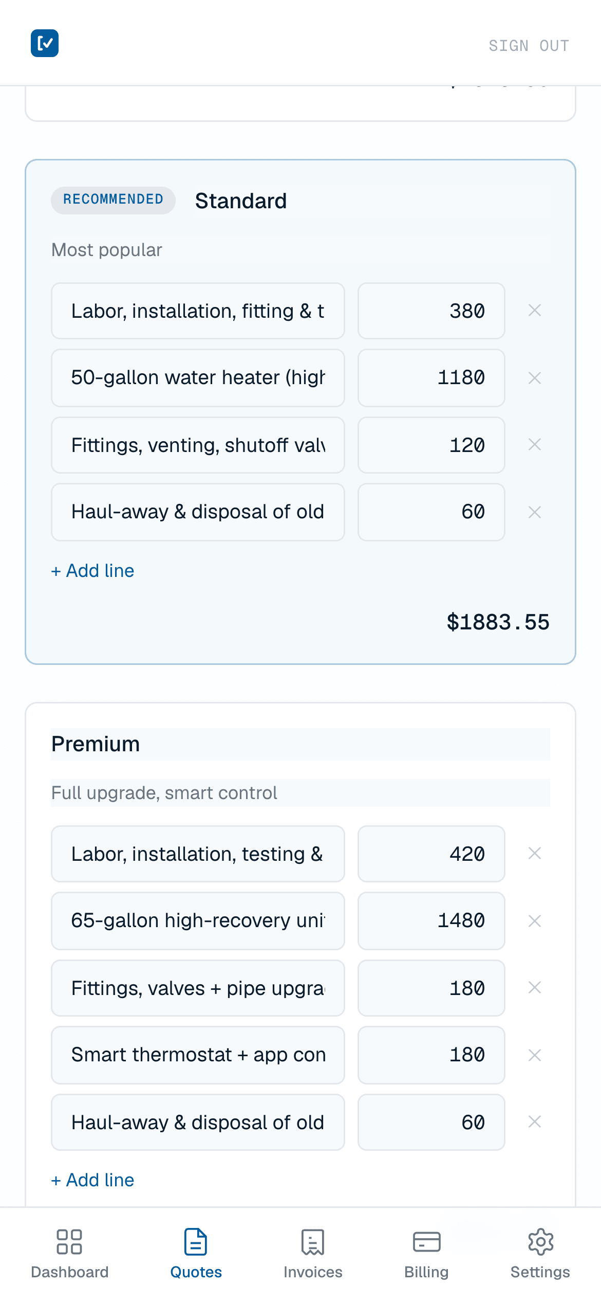 The quote editor: three tiers with line items and totals, built in seconds