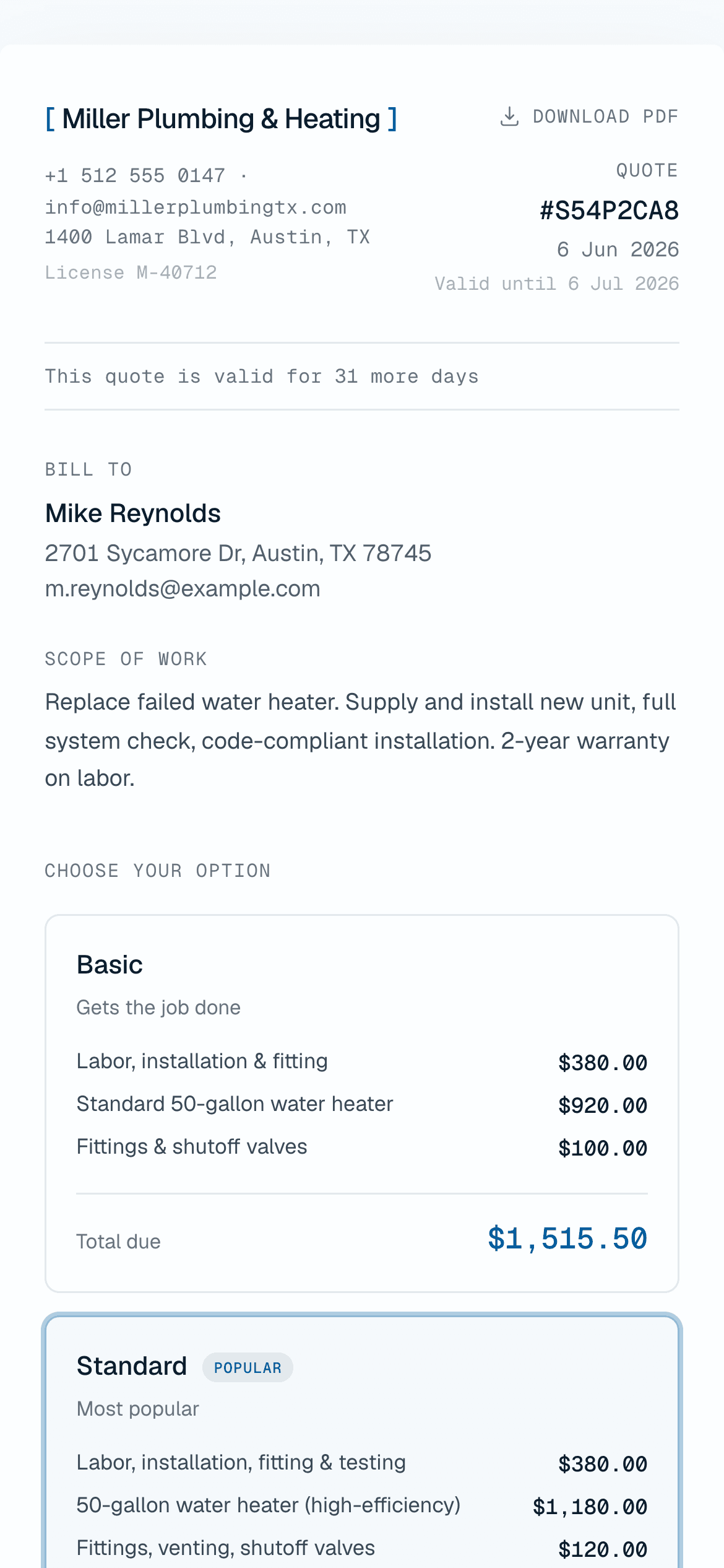 The branded quote page: contact details, scope of work, options