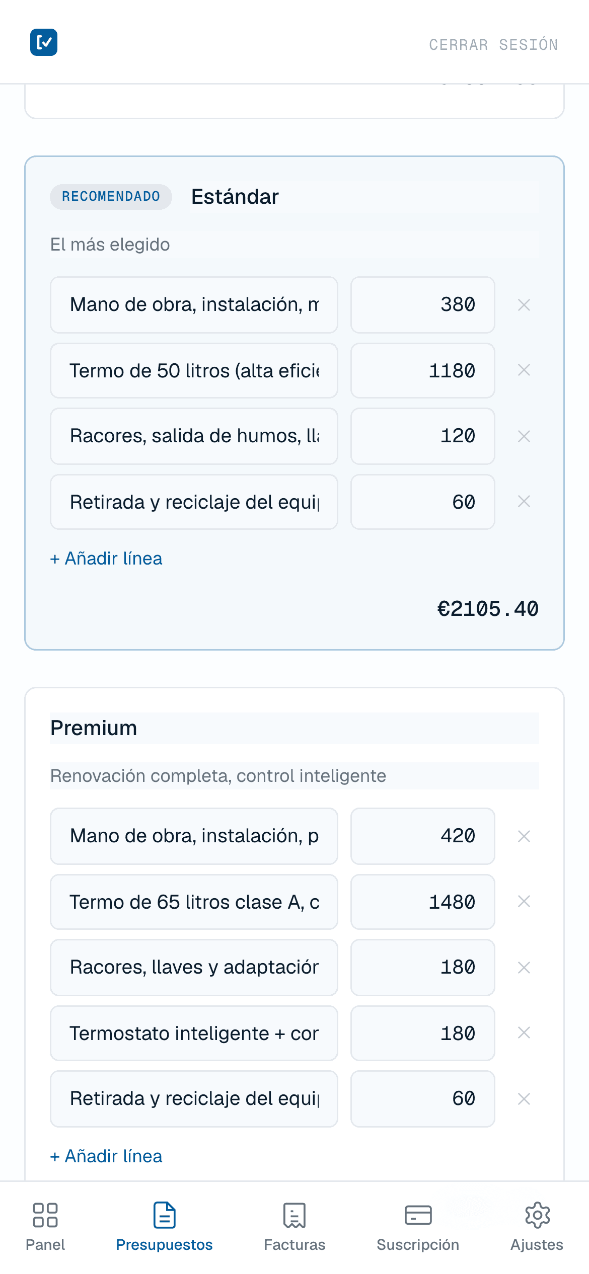 El editor de presupuestos: tres opciones con partidas y totales, montadas en segundos