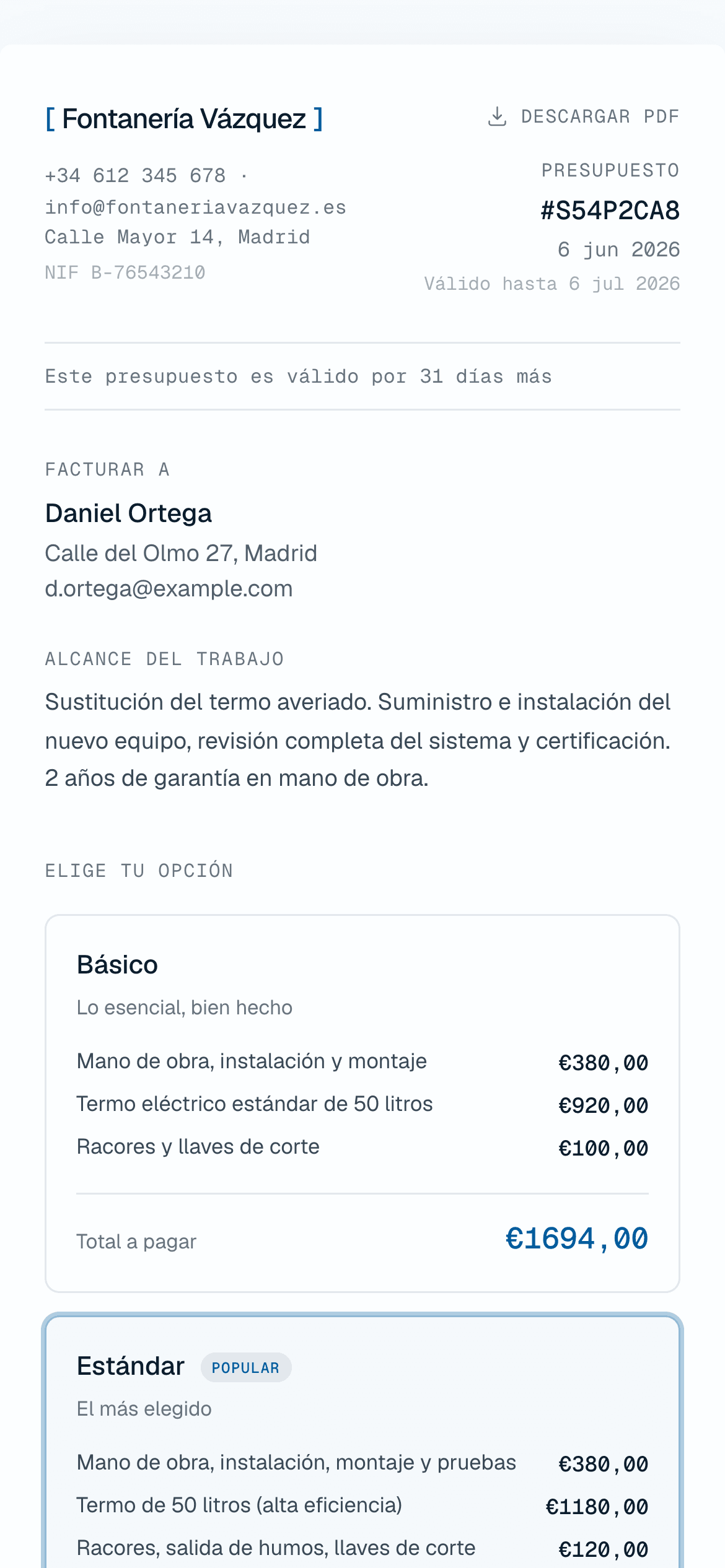 La página de presupuesto con tu logo: contacto, descripción del trabajo, opciones