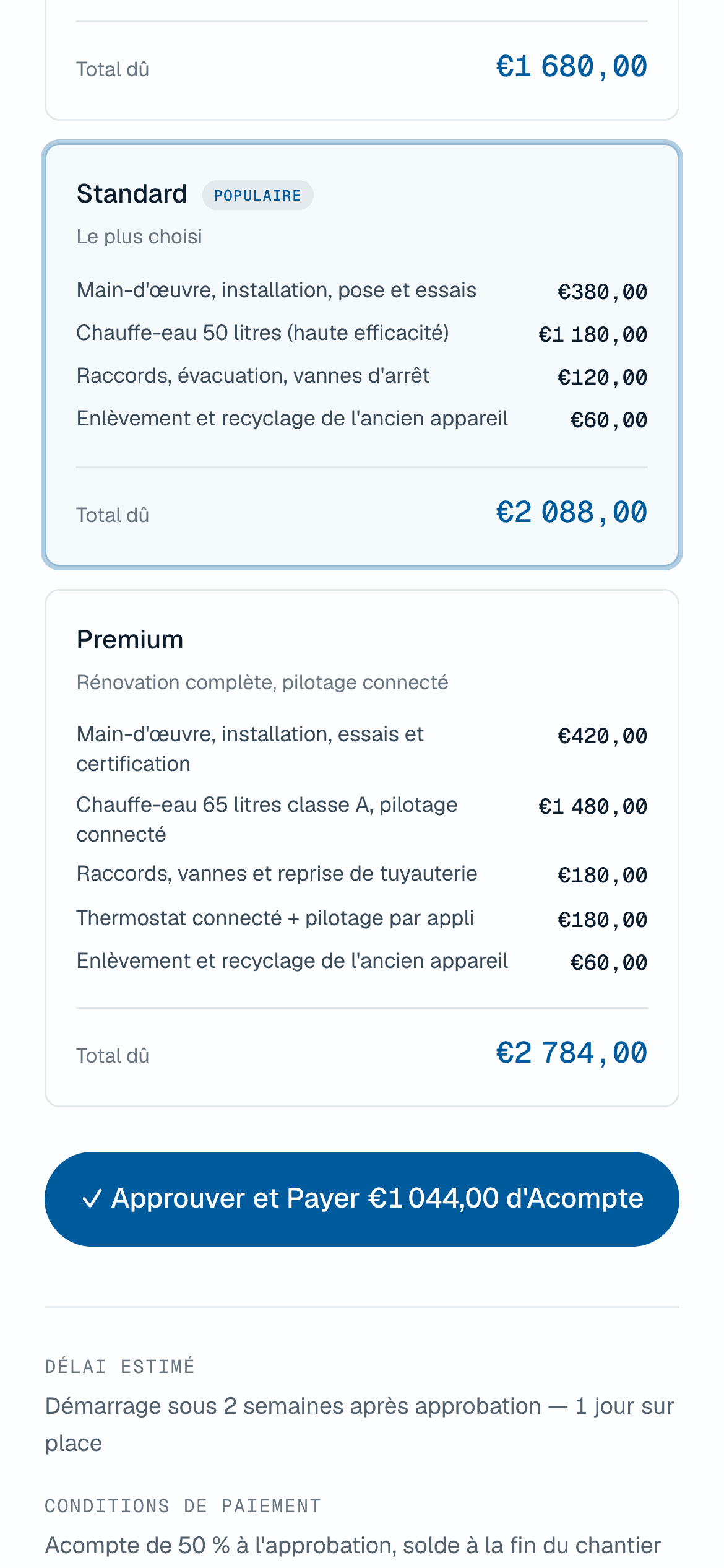 Le devis en trois formules, avec approbation et acompte en un tap