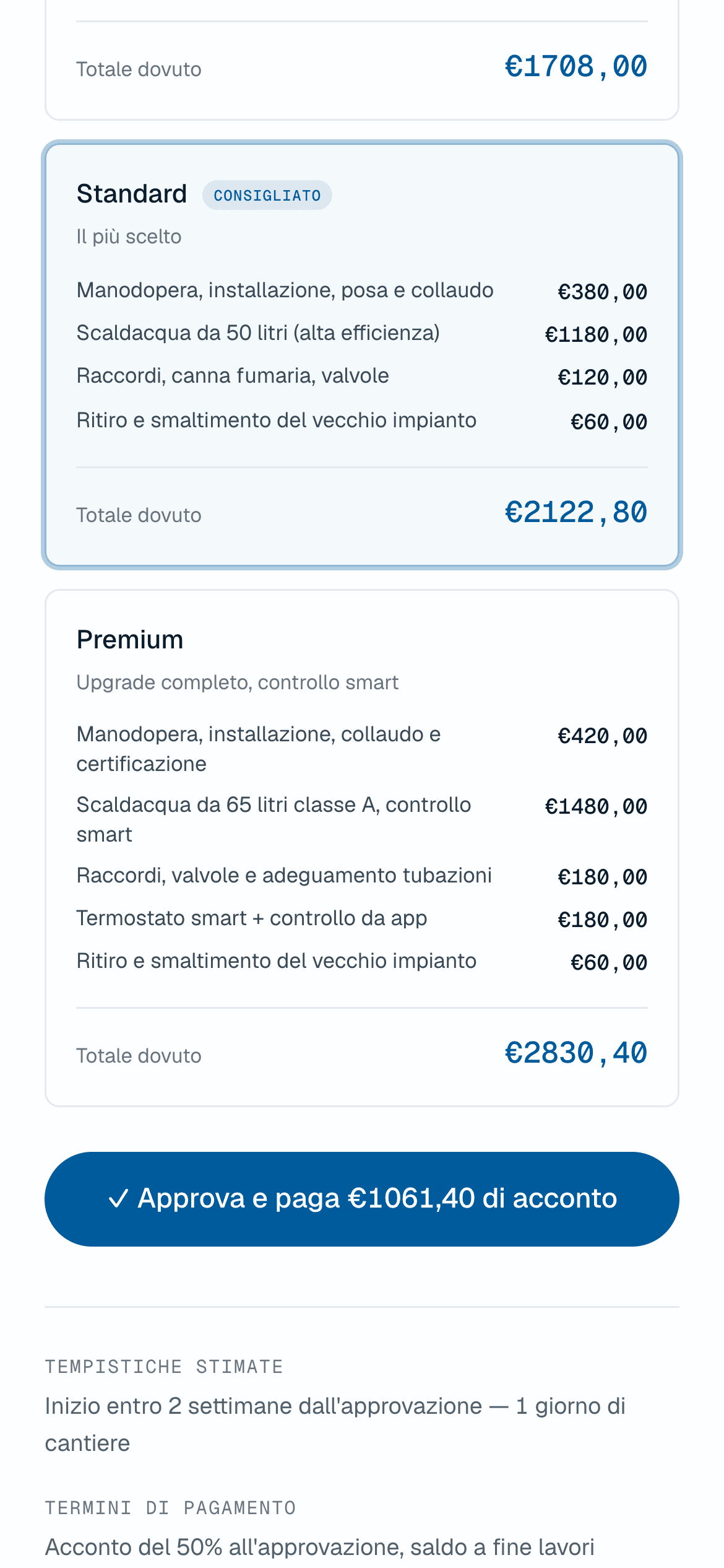 Il preventivo in tre proposte, approvazione e acconto con un tap