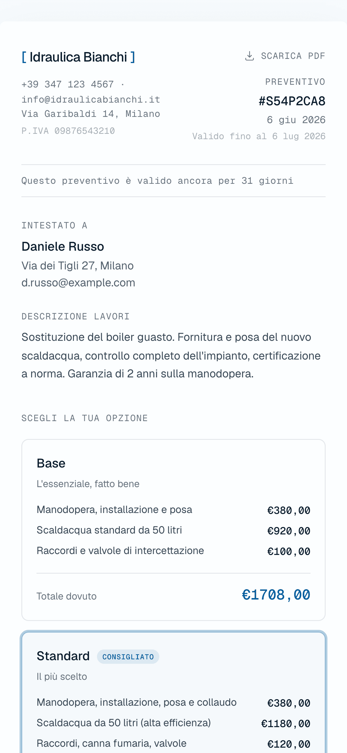 La pagina preventivo con il tuo logo: contatti, descrizione dei lavori, opzioni